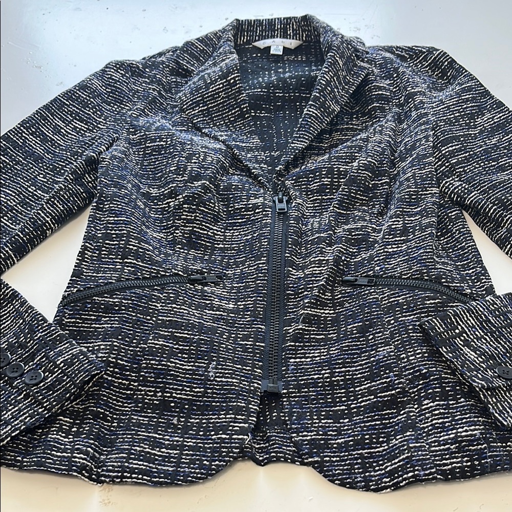 Cabi Sz 0 Blue Long Sleeve V Neck Zip Up Thread Jacket Blazer